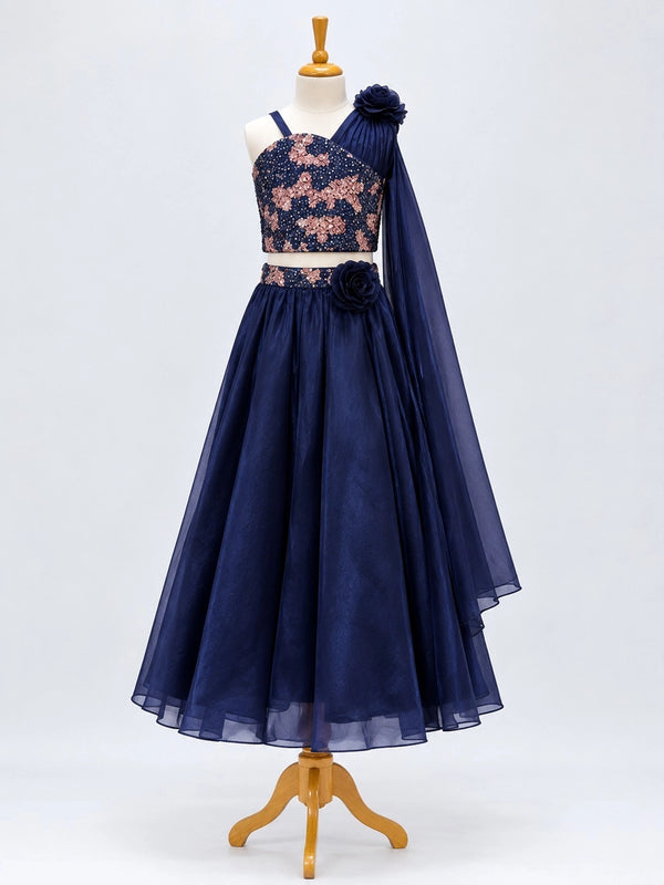 Navy Blue Floral Lehenga Set for Girls