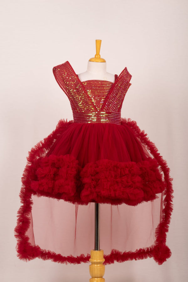 Red Sequin High-Low Ruffle Tulle Party Frock