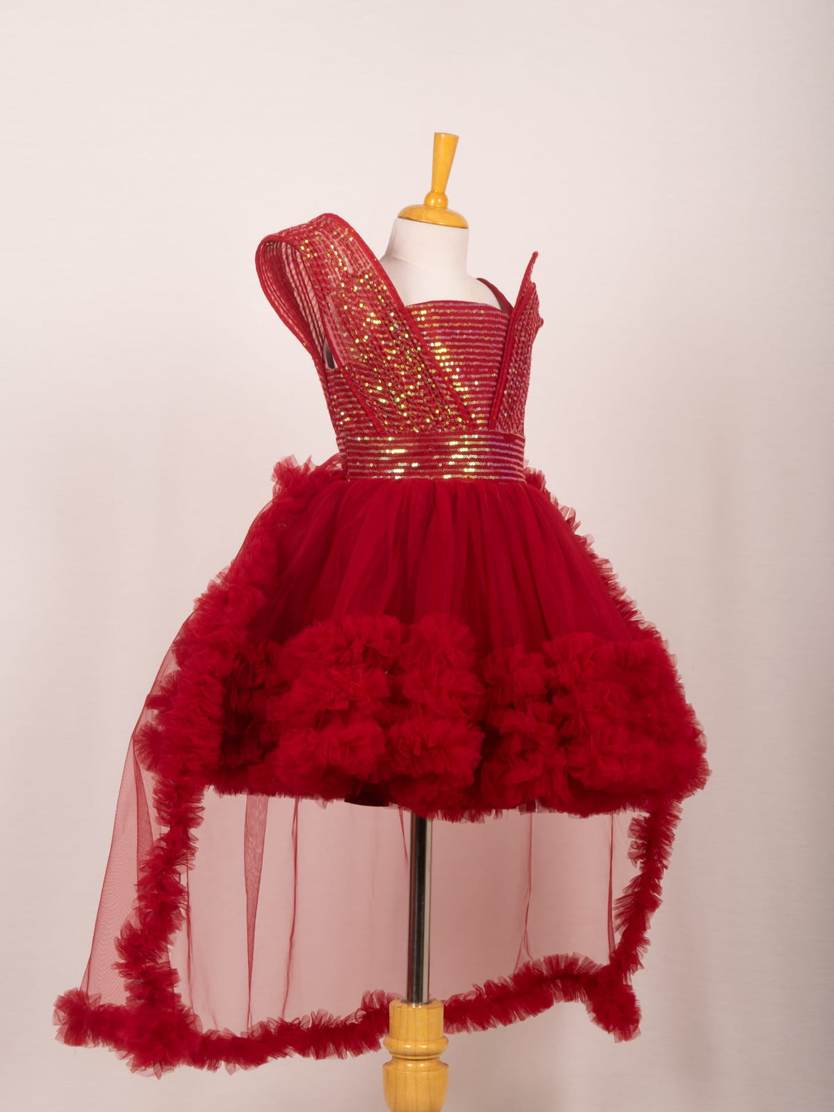 Red Sequin High-Low Ruffle Tulle Party Frock