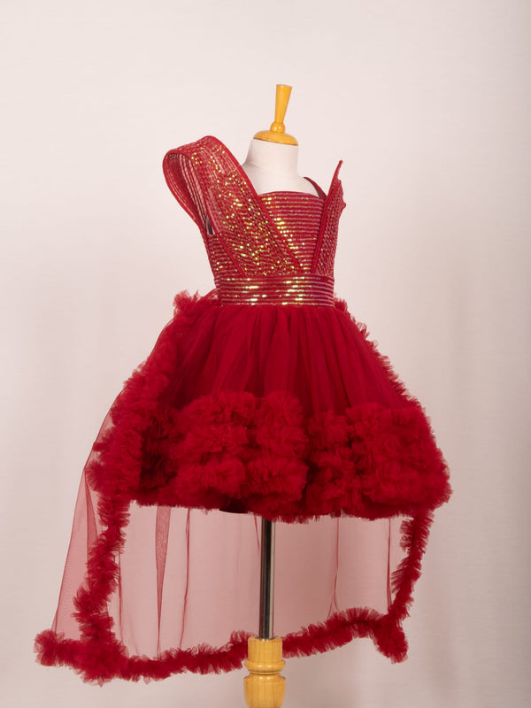 Red Sequin High-Low Ruffle Tulle Party Frock