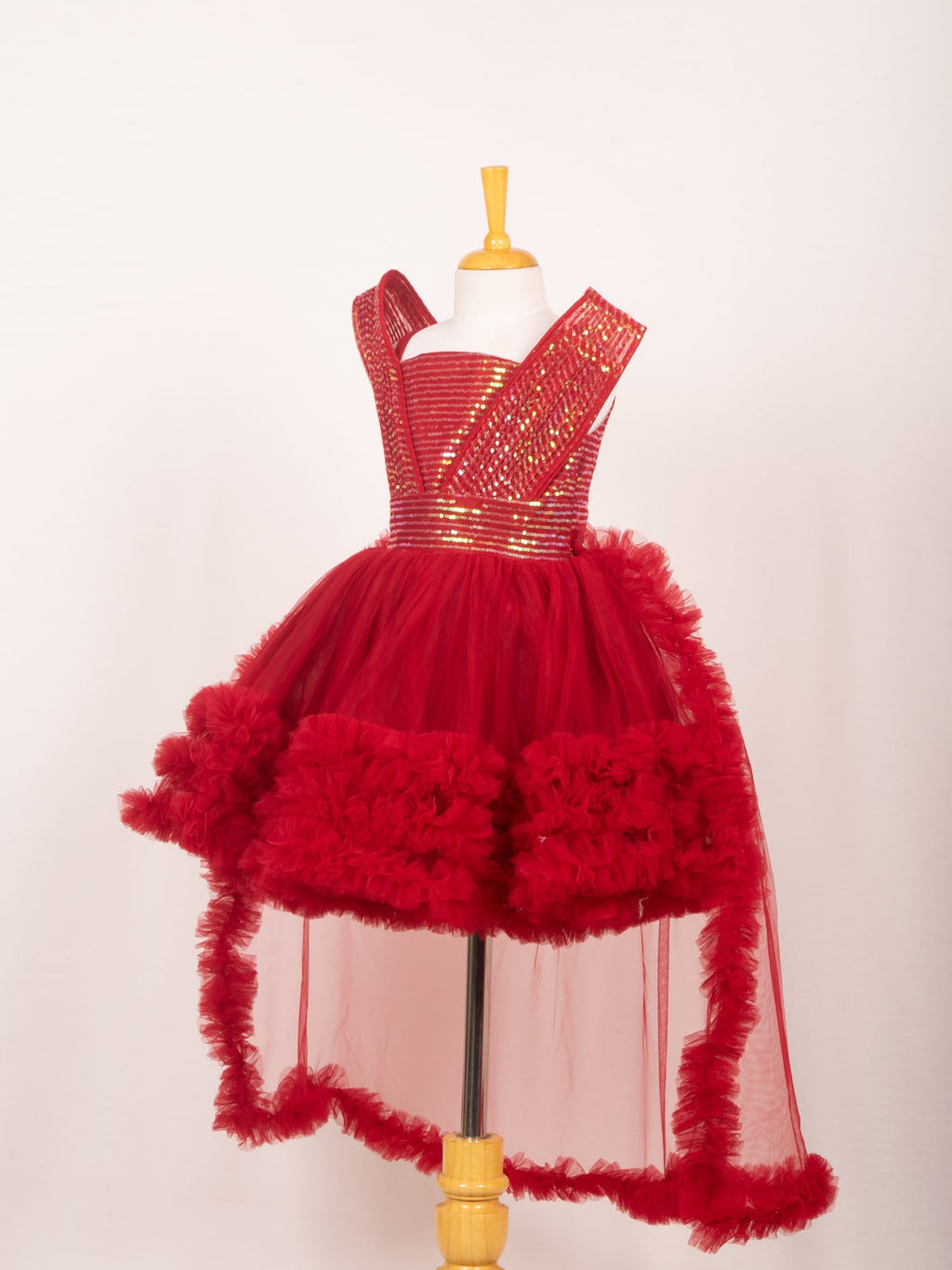 Red Sequin High-Low Ruffle Tulle Party Frock