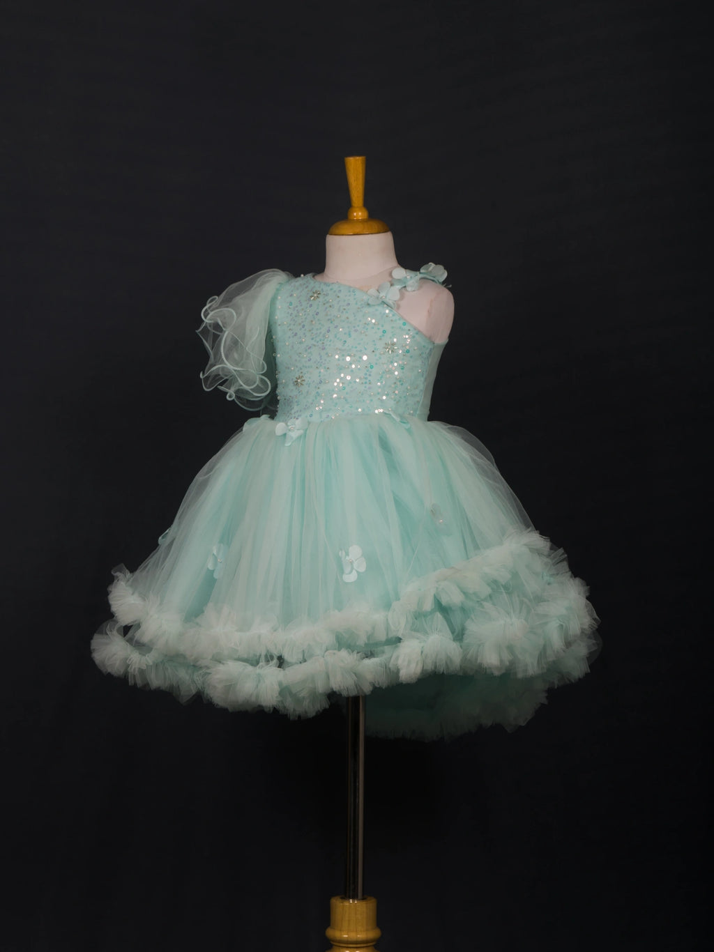 Sea Green Sequined One-Shoulder Frock