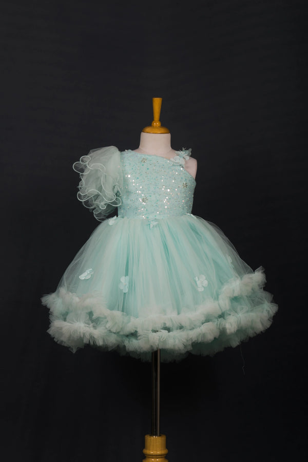 Sea Green Sequined One-Shoulder Frock