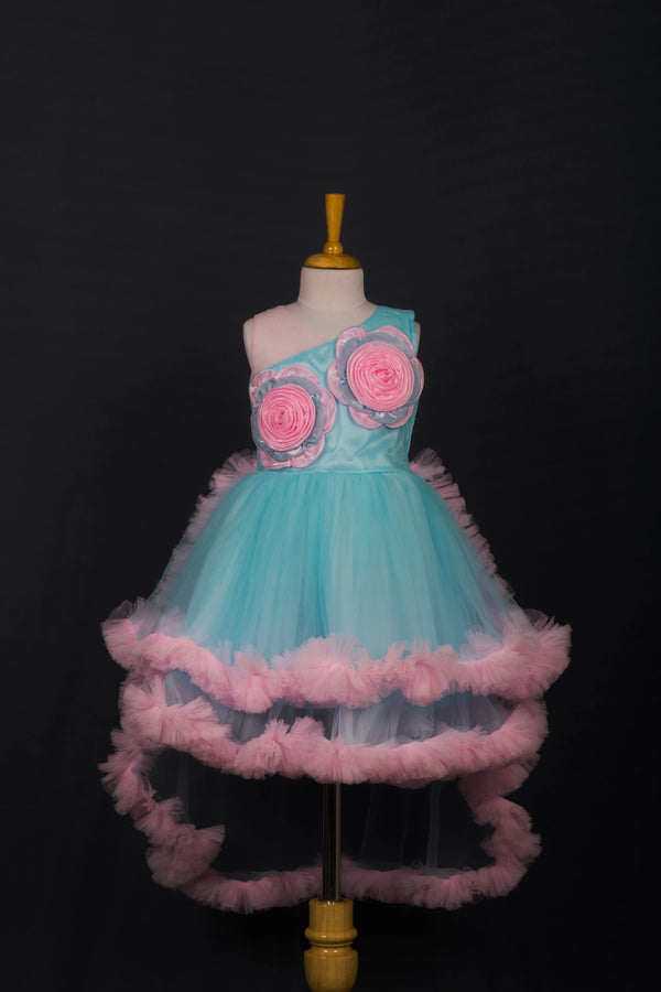 Sky & Pink Blossom High-Low Frock
