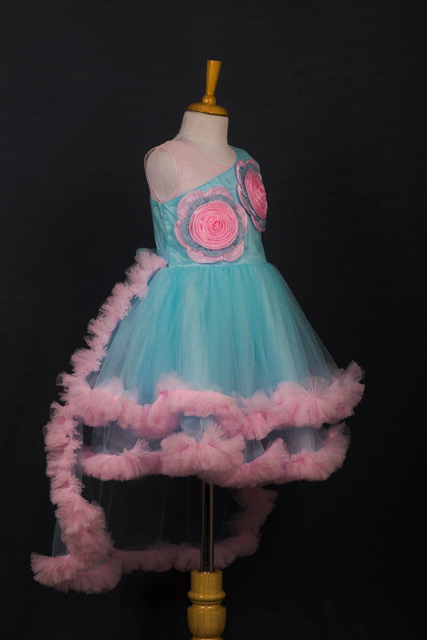 Sky & Pink Blossom High-Low Frock