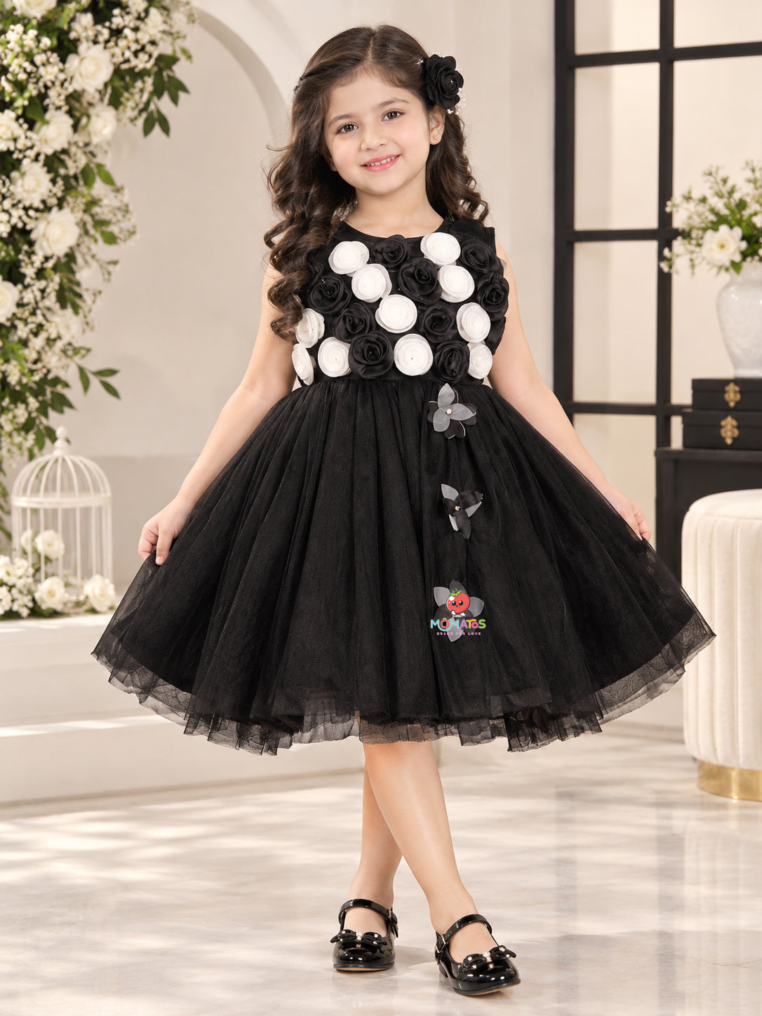 Black & White Floral Rosette Flared Ball Gown Main image
