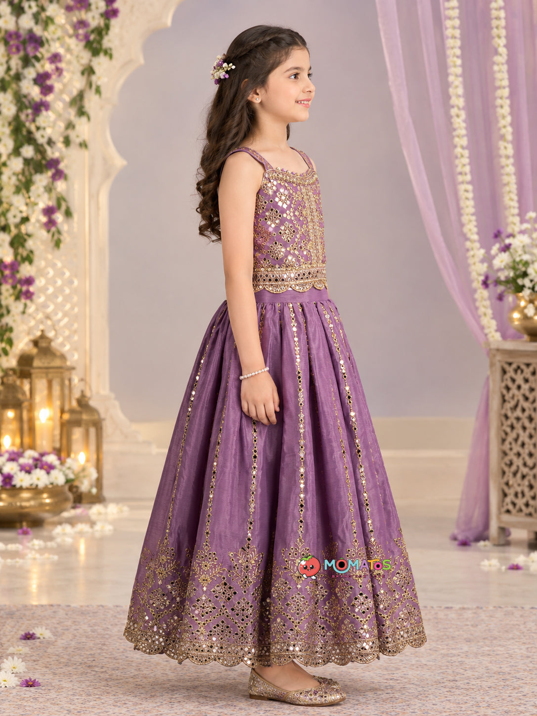 Royal Purple Gold Mirror-Work & Sequin Flared Lehenga Set Secondary image
