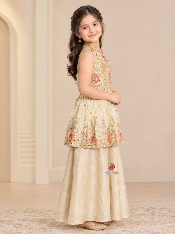 Fawn Mirror & Multi-Color Embroidered Halter Peplum Sharara Set