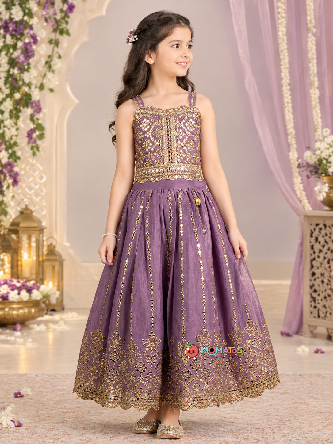 Royal Purple Gold Mirror-Work & Sequin Flared Lehenga Set Main image