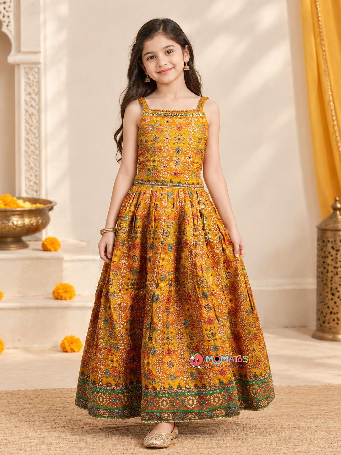Royal Bandhej Floral Printed Silk Lehenga Choli Set with Gold Latkan Secondary image