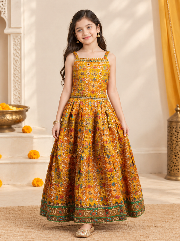 Royal Bandhej Floral Printed Silk Lehenga Choli Set with Gold Latkan