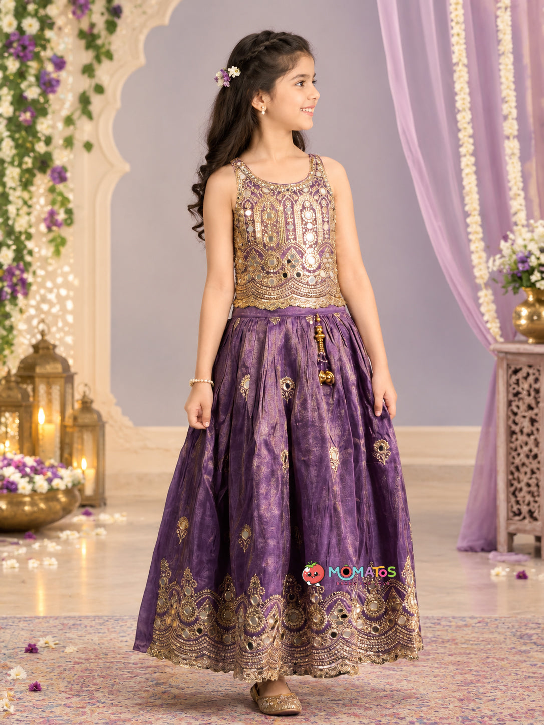 Halter Neck Mirror Work Crop Top & Flared Lehenga Set Secondary image