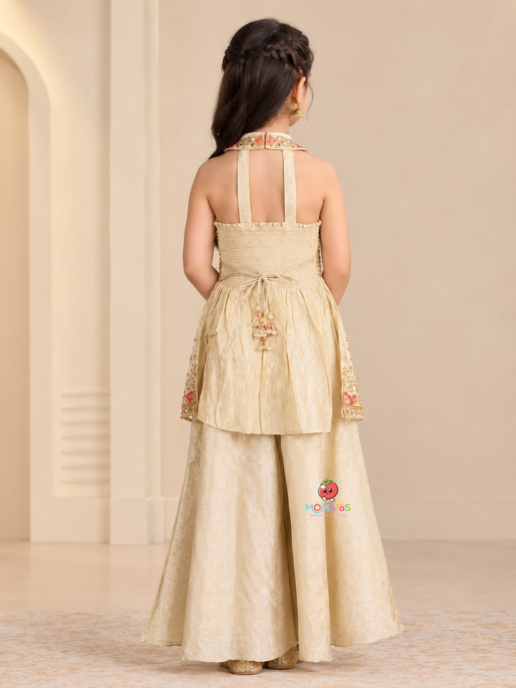 Fawn Mirror & Multi-Color Embroidered Halter Peplum Sharara Set