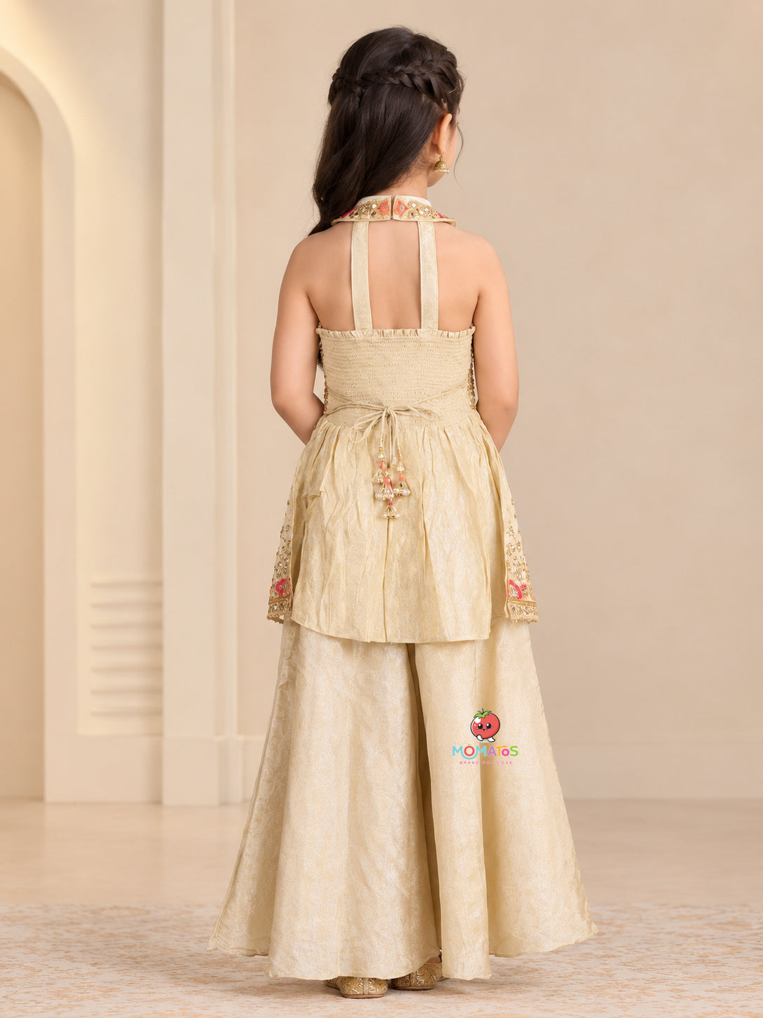 Fawn Mirror & Multi-Color Embroidered Halter Peplum Sharara Set