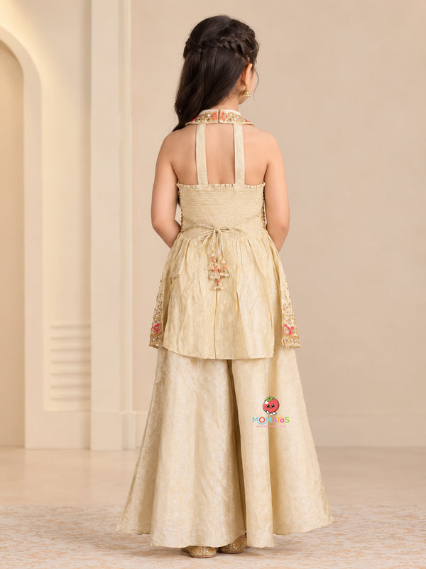 Fawn Mirror & Multi-Color Embroidered Halter Peplum Sharara Set
