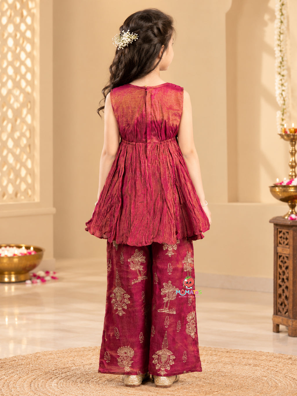 Rani Pink Gota Patti Yoke Peplum Kurti & Foil Printed Palazzo Set