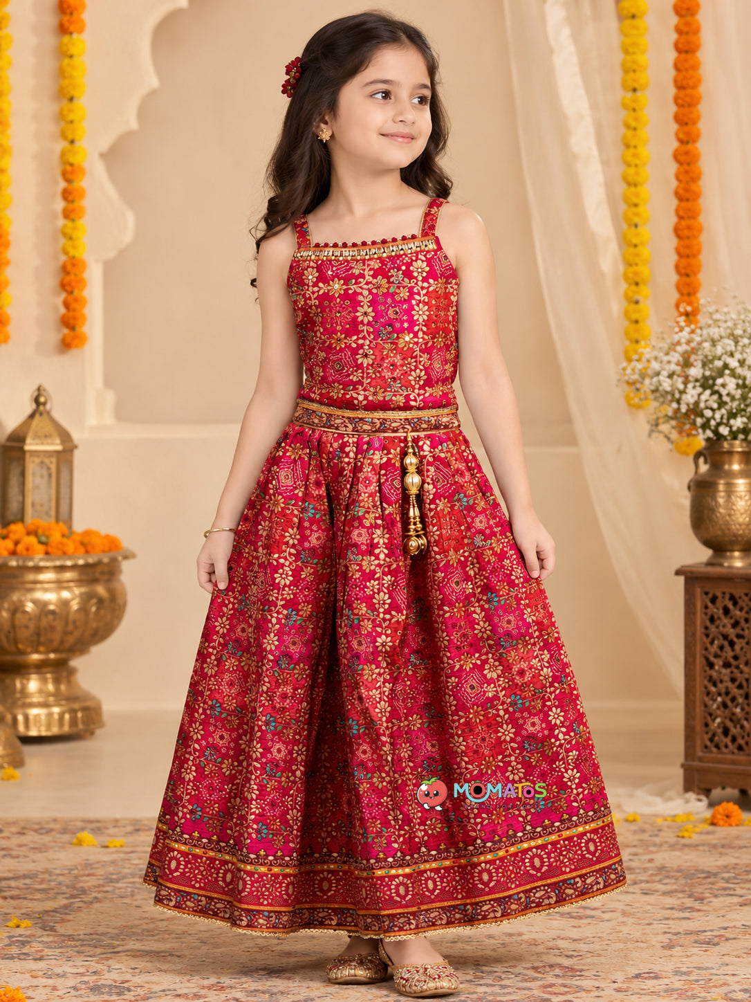 Royal Bandhej Floral Printed Silk Lehenga Choli Set with Gold Latkan Main image