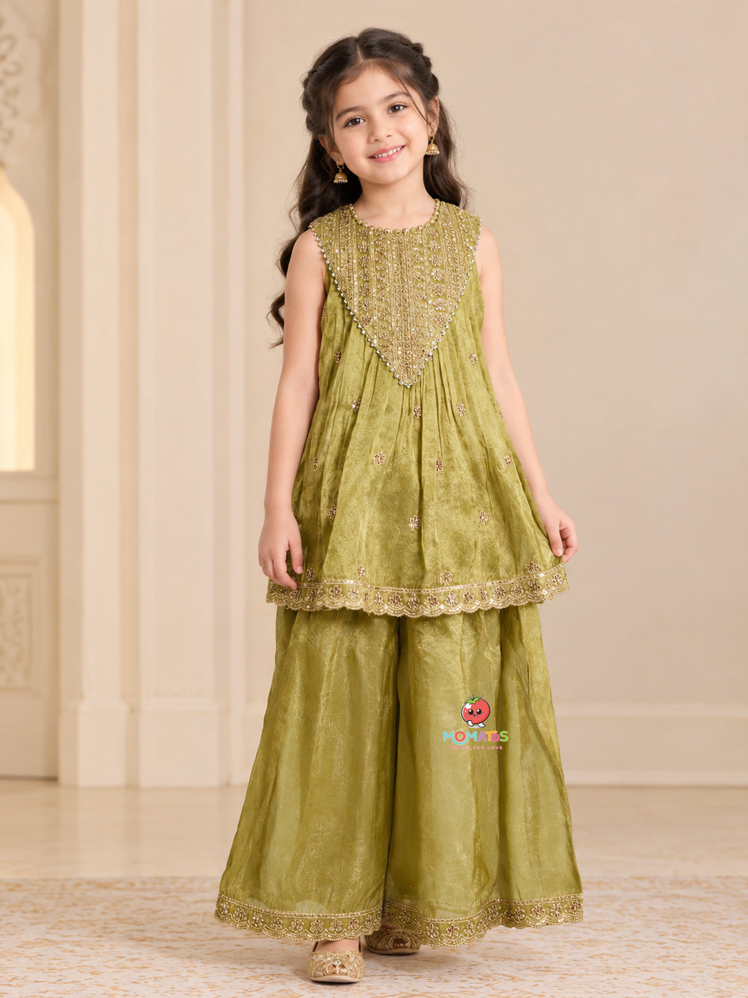 Pista Green Zari Embroidered Yoke Peplum & Sharara Set Main image