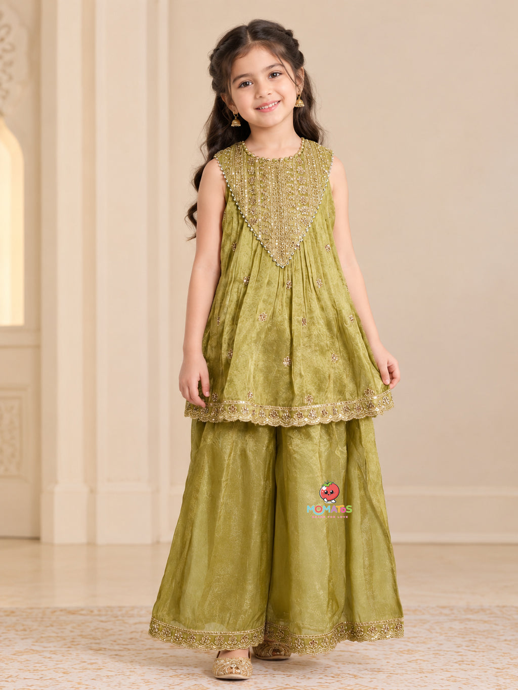 Pista Green Zari Embroidered Yoke Peplum & Sharara Set