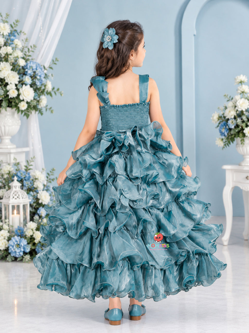 Royal Sky Blue 3D Floral Bodice Multi-Tiered Ruffle Ball Gown