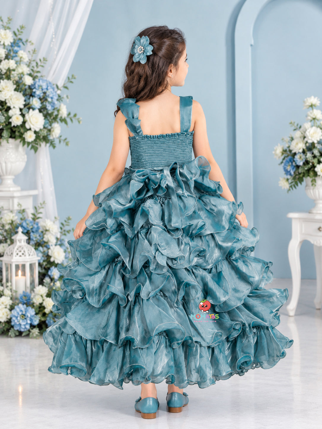 Royal Sky Blue 3D Floral Bodice Multi-Tiered Ruffle Ball Gown