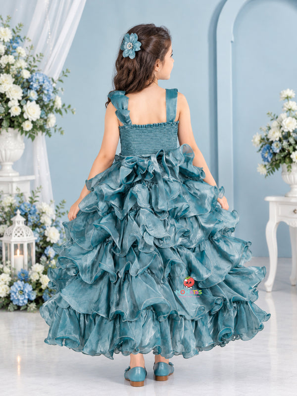Royal Sky Blue 3D Floral Bodice Multi-Tiered Ruffle Ball Gown