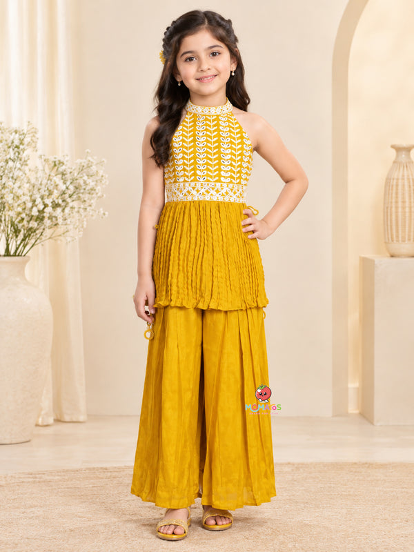 Vibrant Yellow Halter Neck Geometric Embroidered Peplum Sharara Set