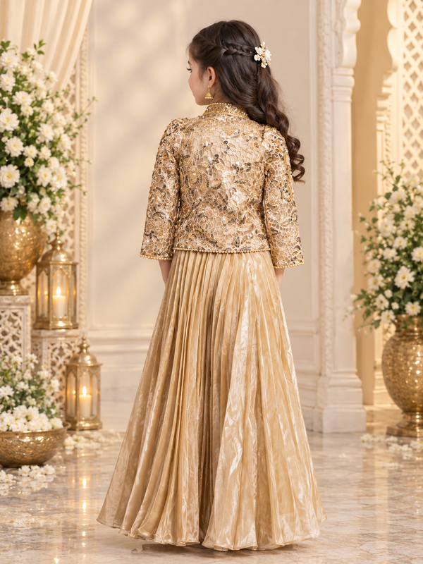 Metallic Fawn Sequinned Open Jacket & Knife-Pleated Lehenga Set