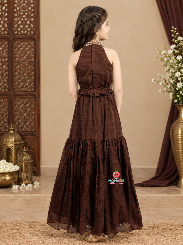 Royal Coffee Brown High-Collar Cutaway Halter Jacket Choli & Tiered Lehenga Set