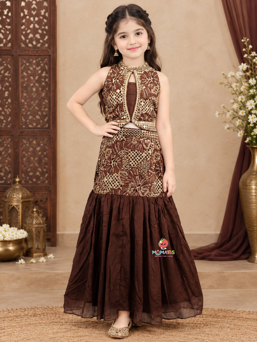 Royal Coffee Brown High-Collar Cutaway Halter Jacket Choli & Tiered Lehenga Set