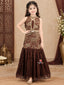 Royal Coffee Brown High-Collar Cutaway Halter Jacket Choli & Tiered Lehenga Set