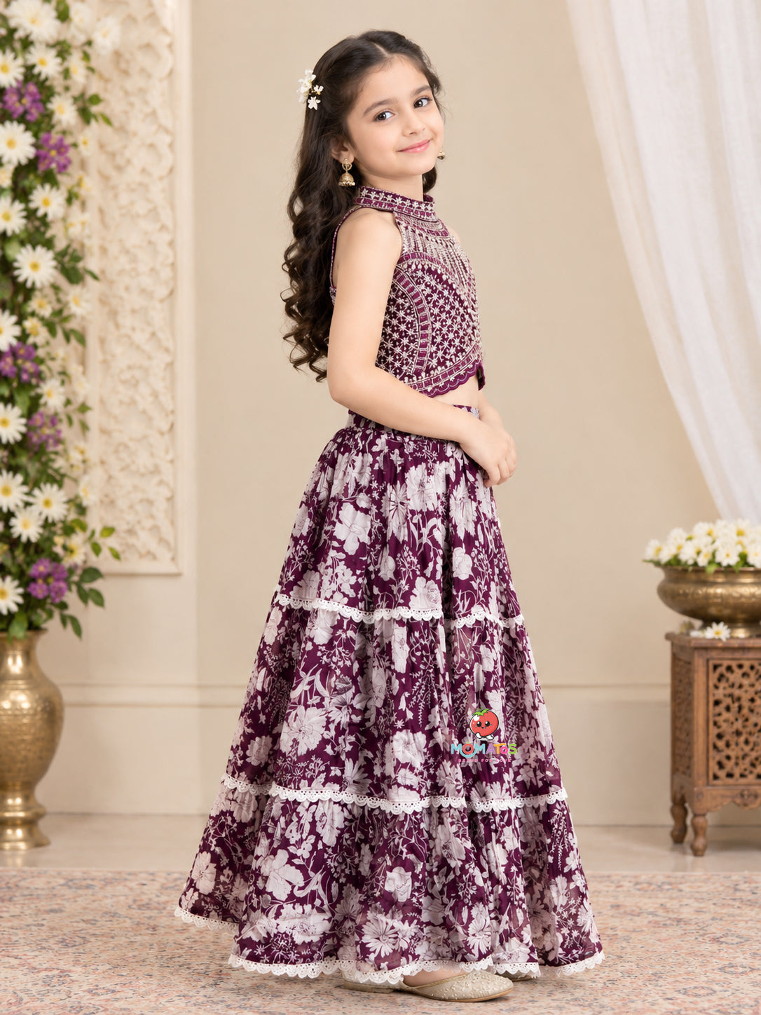 Deep Wine Geometric Embroidered Halter Choli & Printed Tiered Lehenga Set Secondary image