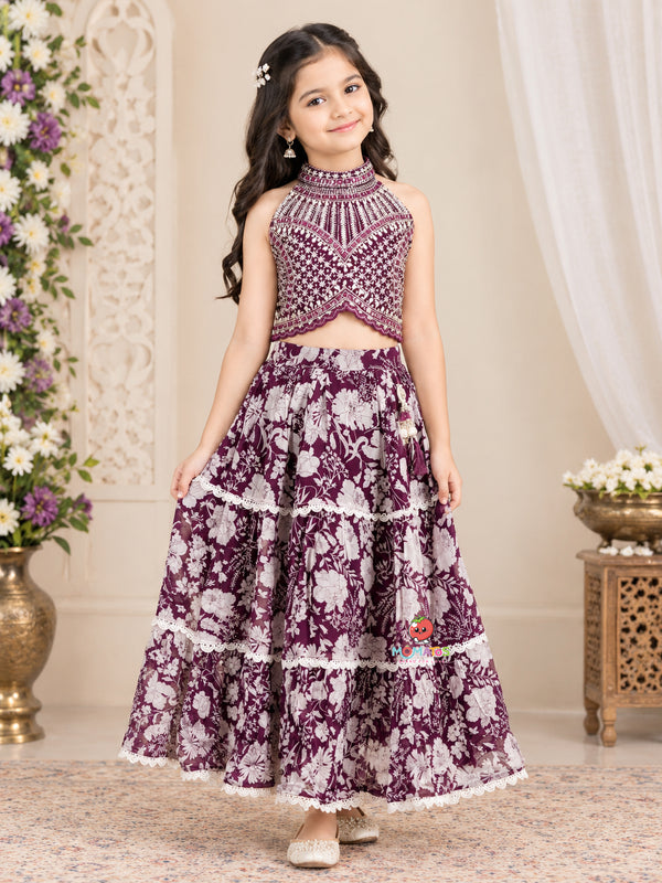 Deep Wine Geometric Embroidered Halter Choli & Printed Tiered Lehenga Set
