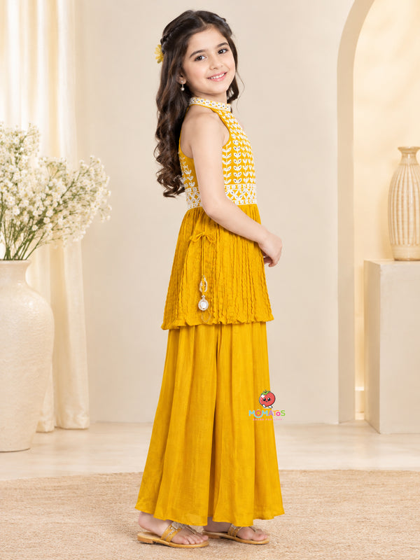Vibrant Yellow Halter Neck Geometric Embroidered Peplum Sharara Set