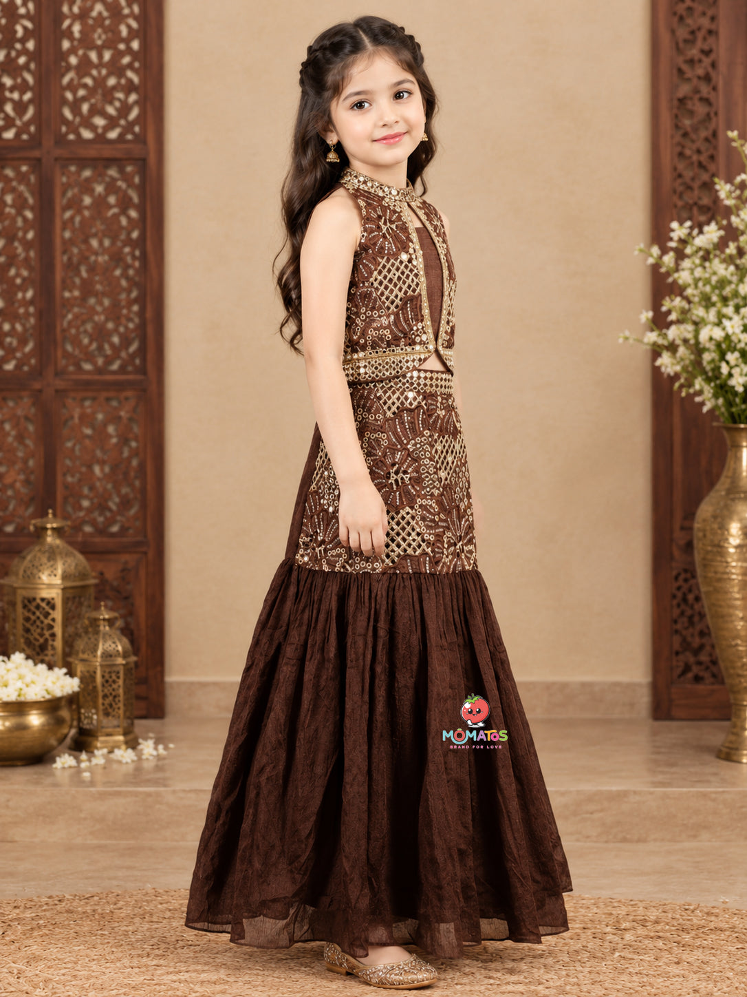 Royal Coffee Brown High-Collar Cutaway Halter Jacket Choli & Tiered Lehenga Set