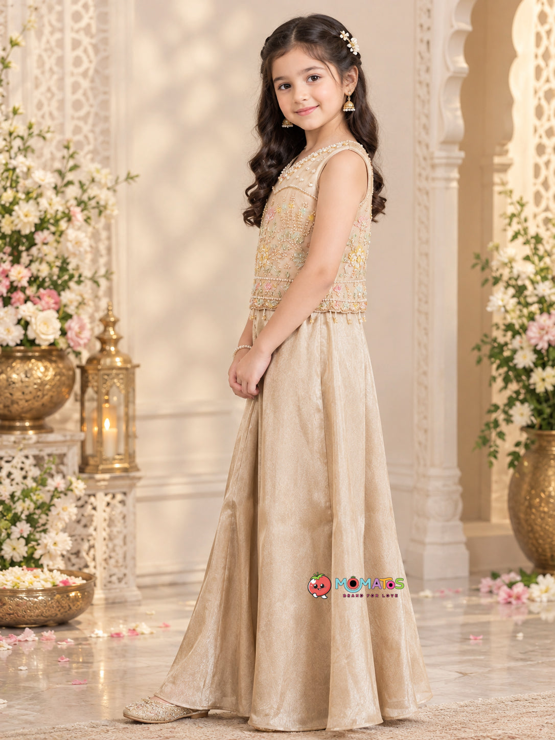 Metallic Fawn Illusion Neck Pastel Floral Embroidered Palazzo Set Secondary image