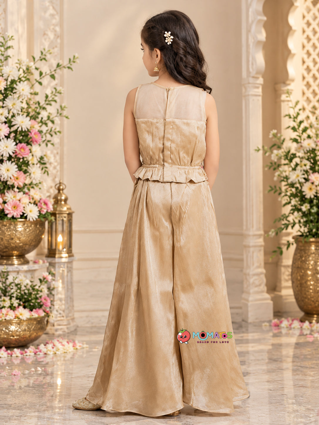 Metallic Fawn Illusion Neck Pastel Floral Embroidered Palazzo Set