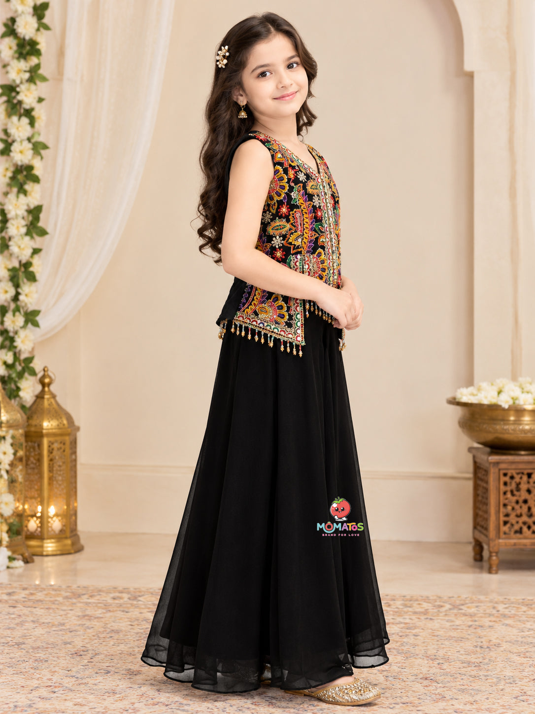 Jet Black Floral Resham & Mirror Work Jacket Top with Flared Palazzo Set Secondary image