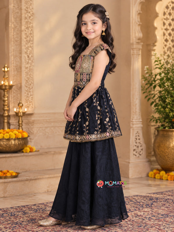 Royal Navy Multi-Color Threadwork Yoke Kurti & Flared Palazzo Set