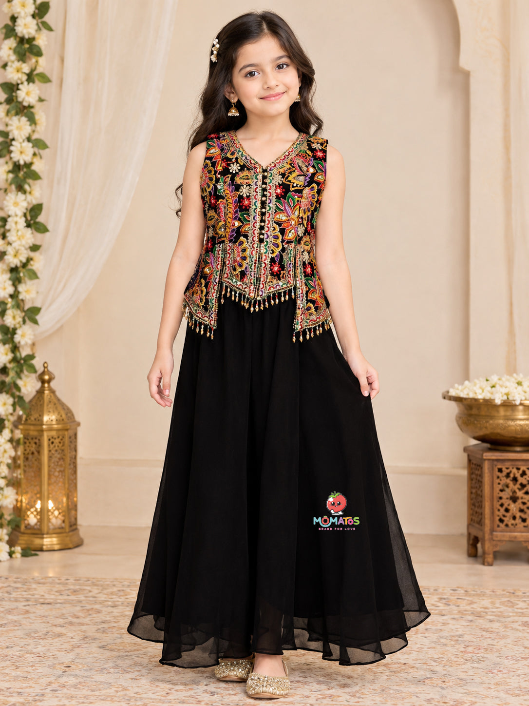 Jet Black Floral Resham & Mirror Work Jacket Top with Flared Palazzo Set Main image