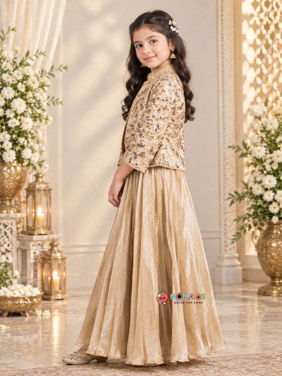 Metallic Fawn Sequinned Open Jacket & Knife-Pleated Lehenga Set Secondary image