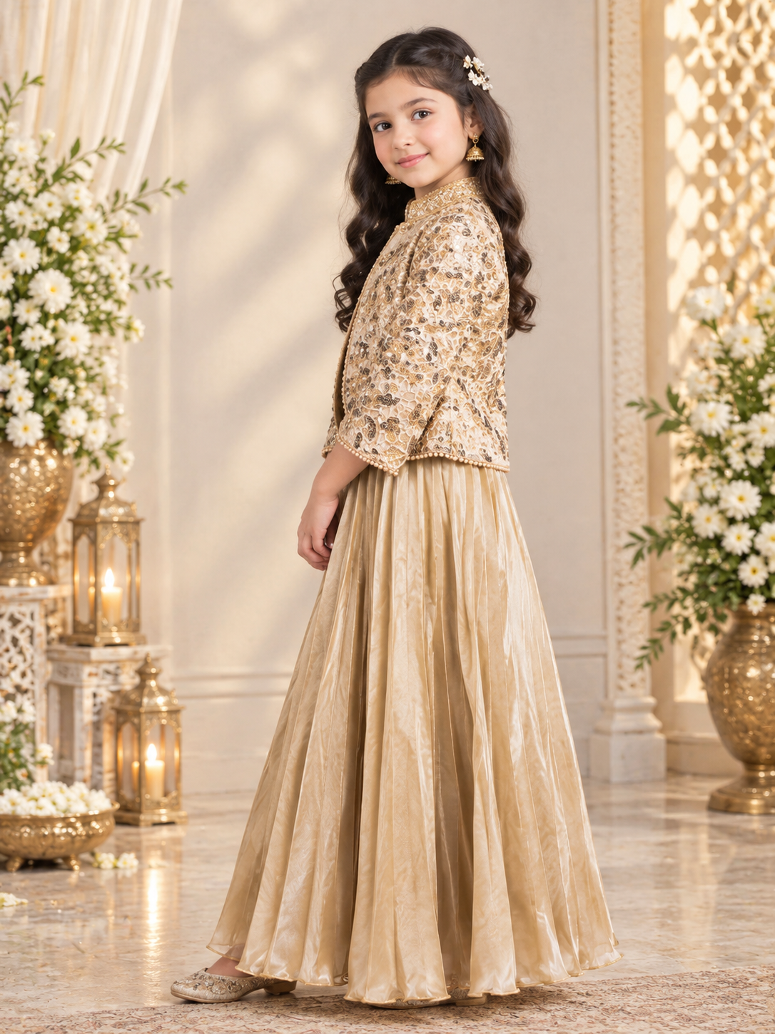 Metallic Fawn Sequinned Open Jacket & Knife-Pleated Lehenga Set