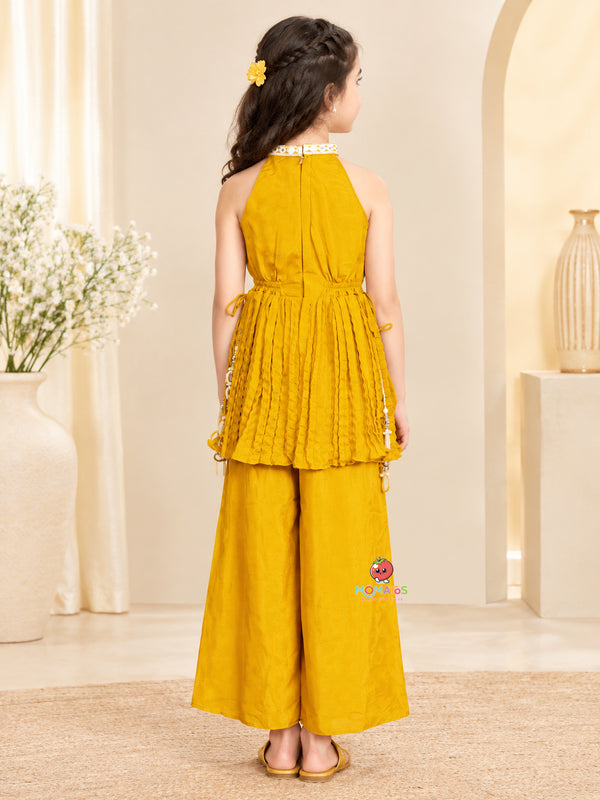 Vibrant Yellow Halter Neck Geometric Embroidered Peplum Sharara Set