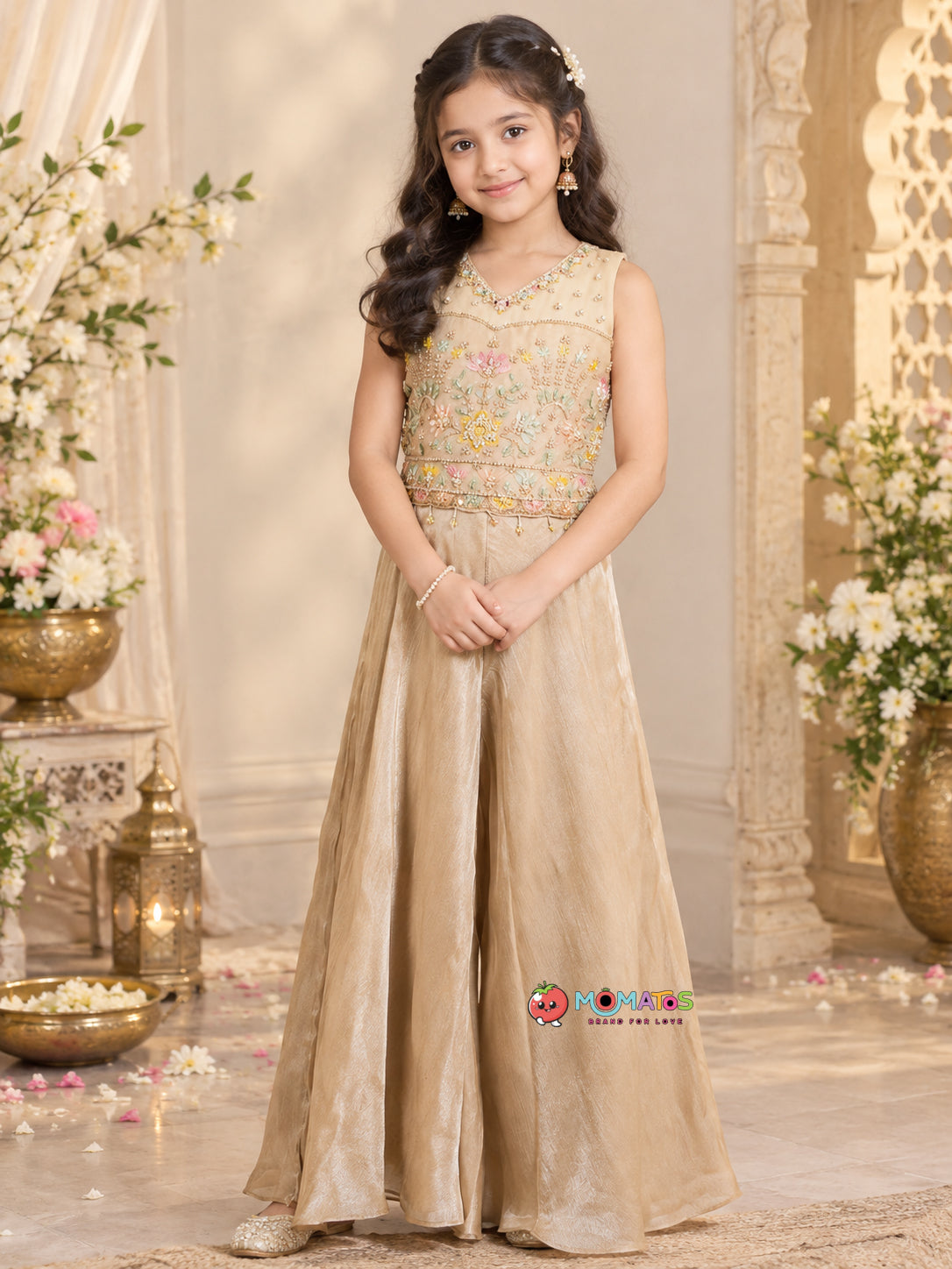 Metallic Fawn Illusion Neck Pastel Floral Embroidered Palazzo Set