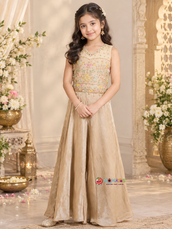 Metallic Fawn Illusion Neck Pastel Floral Embroidered Palazzo Set