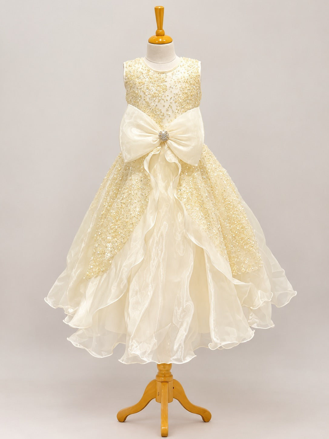 Cream Sequin & Organza Bow Gown